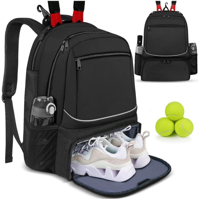 Backpack Racket Bag - 大容量テニスバックパックスポーツラケットパックは1〜2本のテニスラケットを収納可能アウトドアバドミントンバッグシューズポケット付きブラックピンク